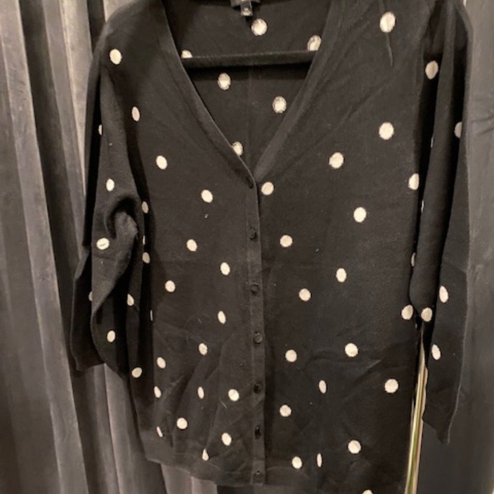 Talbots Womens Cardigan Sweater Black with White Poka Dots 1X
